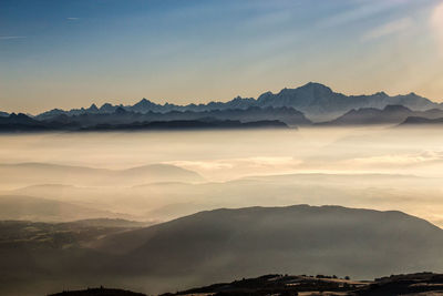 Scenic view of mountains against sky during sunset