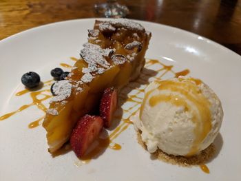 High angle view of dessert in plate on table