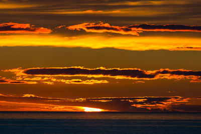 Scenic view of sea against dramatic sky during sunset