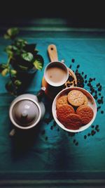 High angle view of breakfast on table