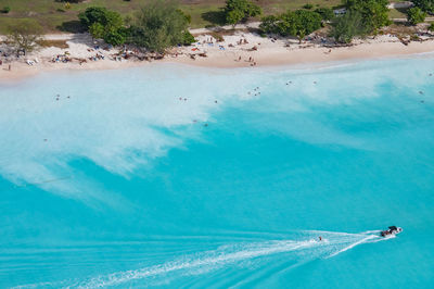 High angle view of beach against blue sky