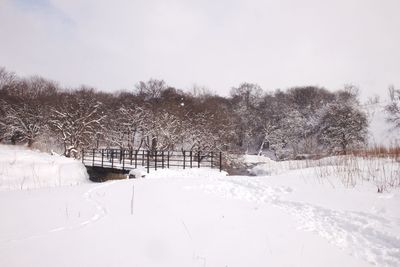 Snow covered landscape against sky