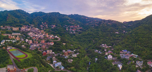 High angle view of townscape against sky