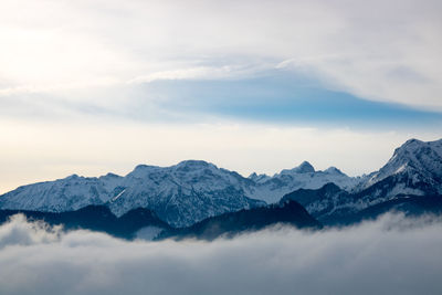 Scenic view of snowcapped mountains against sky