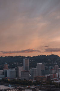 High angle view of buildings against sky during sunset