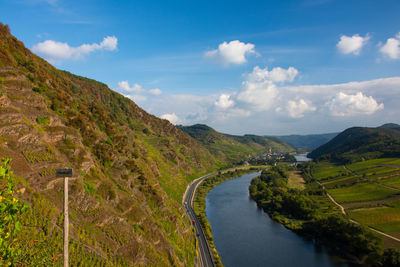 Scenic view of river by mountains against sky