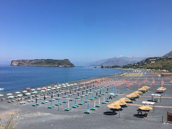 Scenic view of sea against clear blue sky