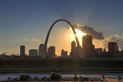 Modern buildings in city against sky during sunset