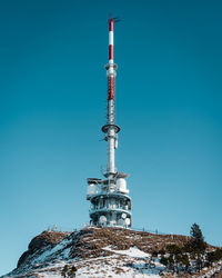 Low angle view of lighthouse against clear blue sky