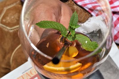 High angle view of drink in glass on table