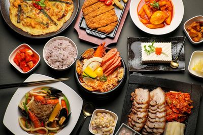 High angle view of sushi in plate on table