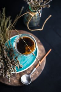 High angle view of drink on table