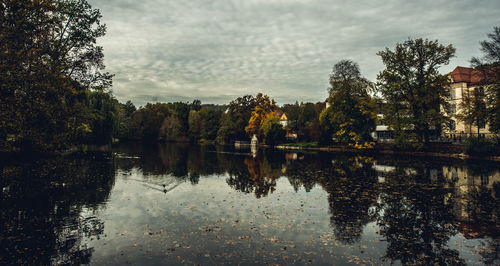 Reflection of trees in lake against sky