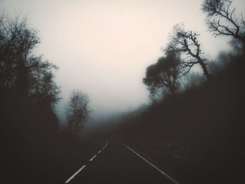 Silhouette trees by road in forest against sky