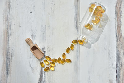 High angle view of bottles on table