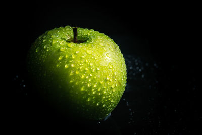 Close-up of wet apple against black background