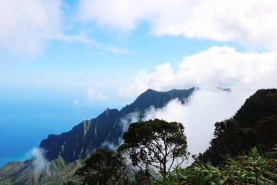 Scenic view of sea and mountains against sky