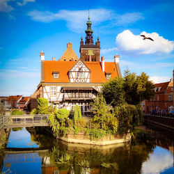 Buildings by river against sky