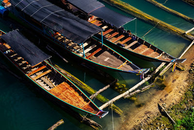 High angle view of boats moored in sea