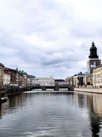 Bridge over river against buildings in city