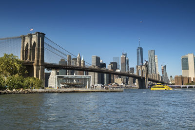 Bridge over river by buildings against clear sky