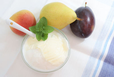 High angle view of fruits in bowl on table