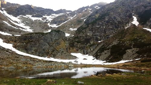 Scenic view of lake and mountains against sky