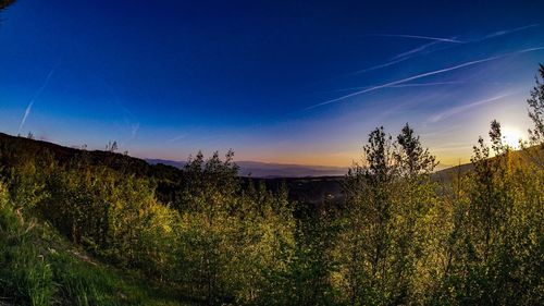 Scenic view of landscape against blue sky at sunset