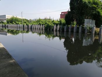 Reflection of building in lake against sky