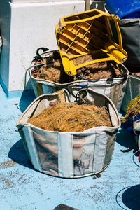 High angle view of garbage in basket