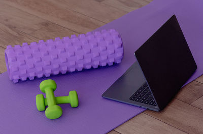 High angle view of objects on table