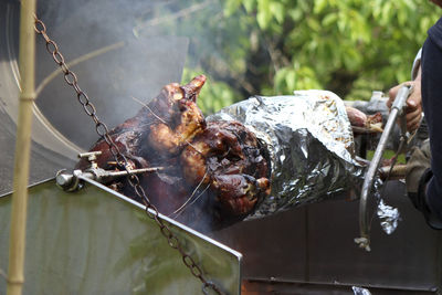 Close-up of meat on barbecue grill