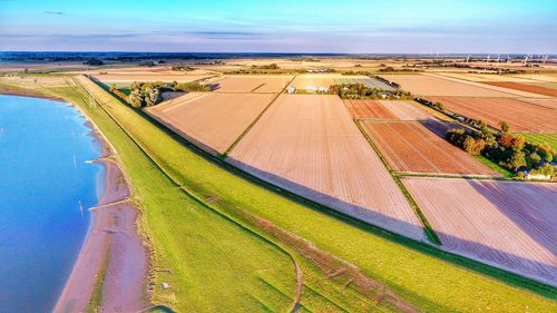 High angle view of agricultural field against sky