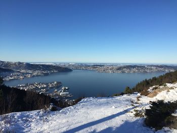 Scenic view of the bergen fjord against clear blue sky during  norwegian winter