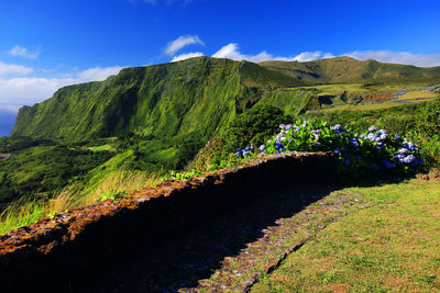 Scenic view of mountains against blue sky