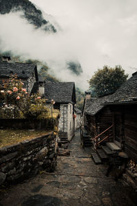 Houses by trees and buildings against sky