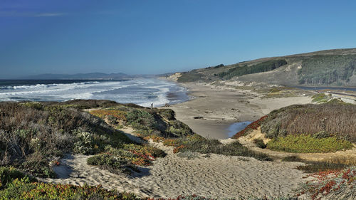 Scenic view of sea against clear blue sky