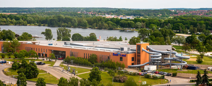 High angle view of lake against trees