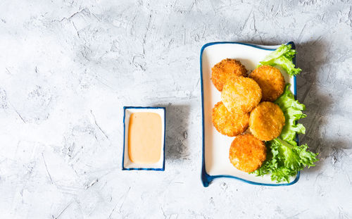 High angle view of food in plate on table