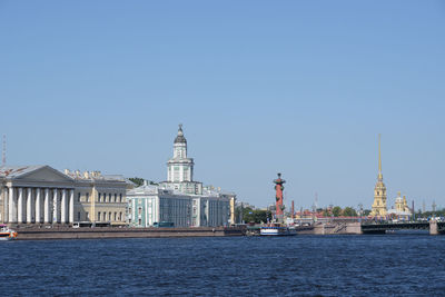 Sea by buildings against clear sky