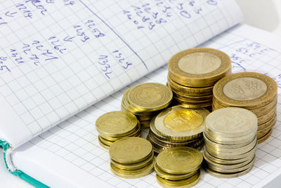 High angle view of coins on table