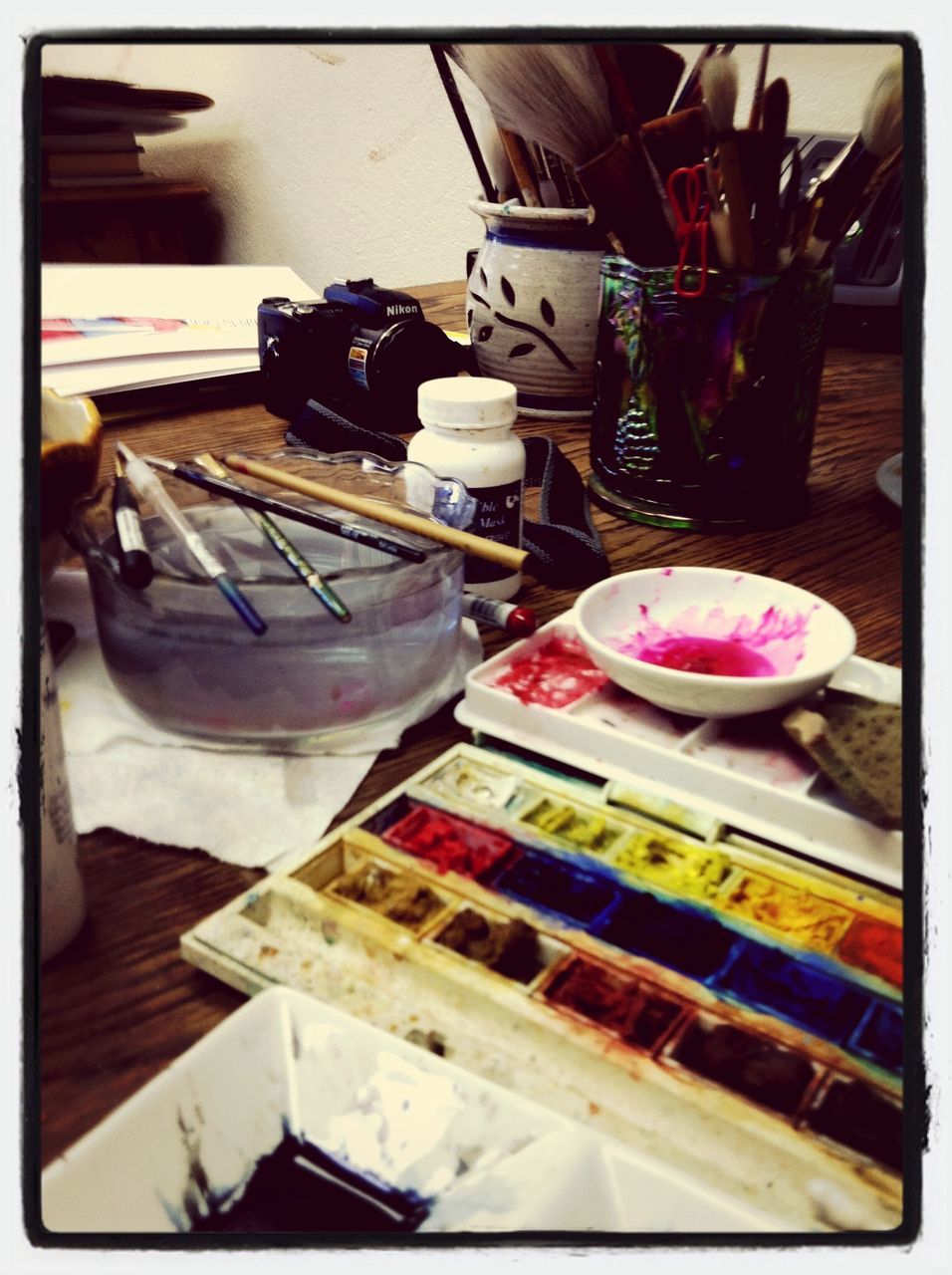 transfer print, indoors, auto post production filter, table, still life, wood - material, high angle view, variation, stack, large group of objects, no people, arrangement, close-up, book, choice, day, shelf, chair, in a row, absence