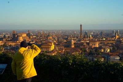 High angle view of cityscape against clear sky