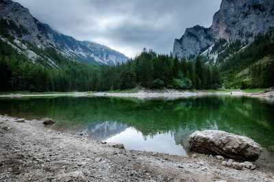 Scenic view of lake and mountains against sky