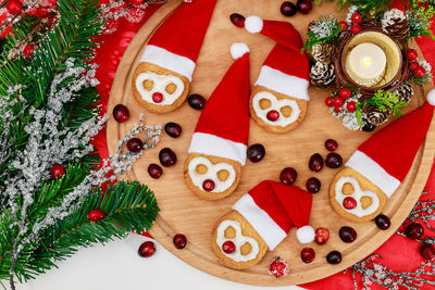 High angle view of christmas decorations on table