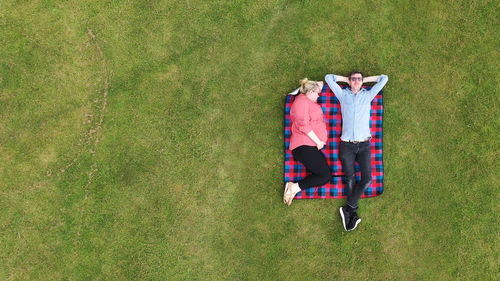 High angle view of people on field