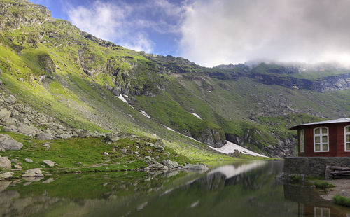 Scenic view of lake by buildings against sky