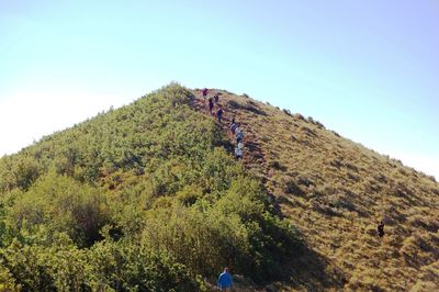 Low angle view of mountain against clear blue sky