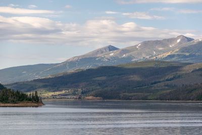 Scenic view of lake and mountains against sky