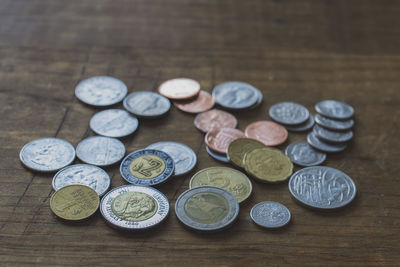 Close-up of coins on table